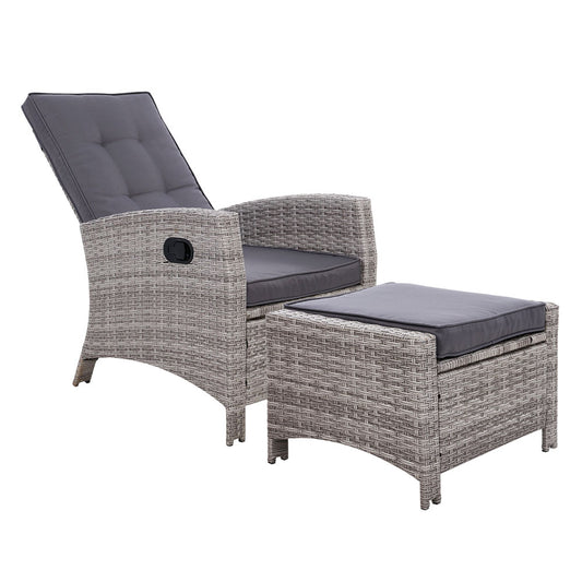 Gardeon Recliner Chair Sun lounge Wicker Outdoor Furniture Patio Garden Ottoman Grey