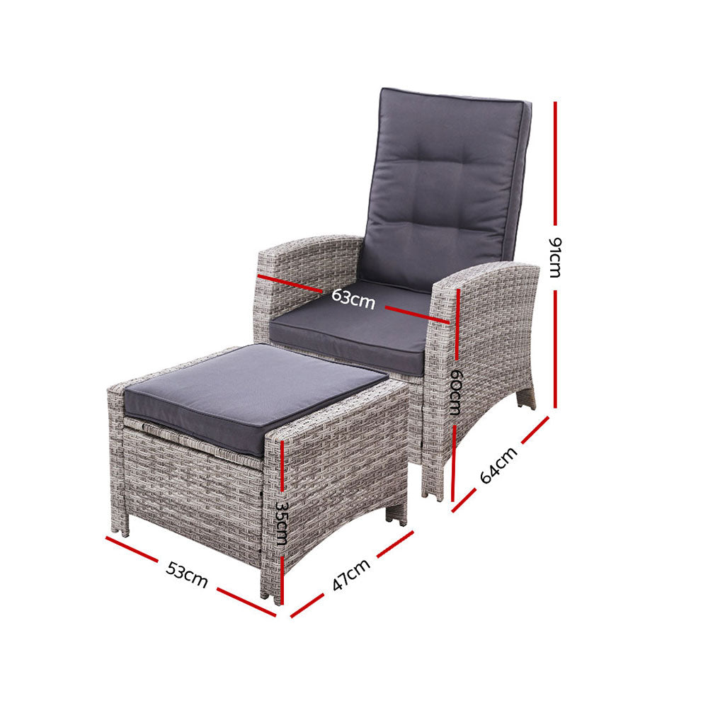 Sun lounge Recliner Chair Wicker Lounger Sofa Day Bed Outdoor Furniture Patio Garden Cushion Ottoman Grey Gardeon