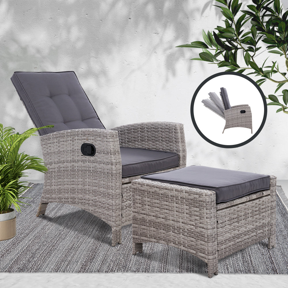 Sun lounge Recliner Chair Wicker Lounger Sofa Day Bed Outdoor Furniture Patio Garden Cushion Ottoman Grey Gardeon