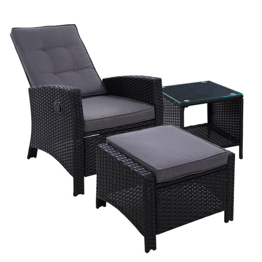 Gardeon Outdoor Setting Recliner Chair Table Set Wicker lounge Patio Furniture Black