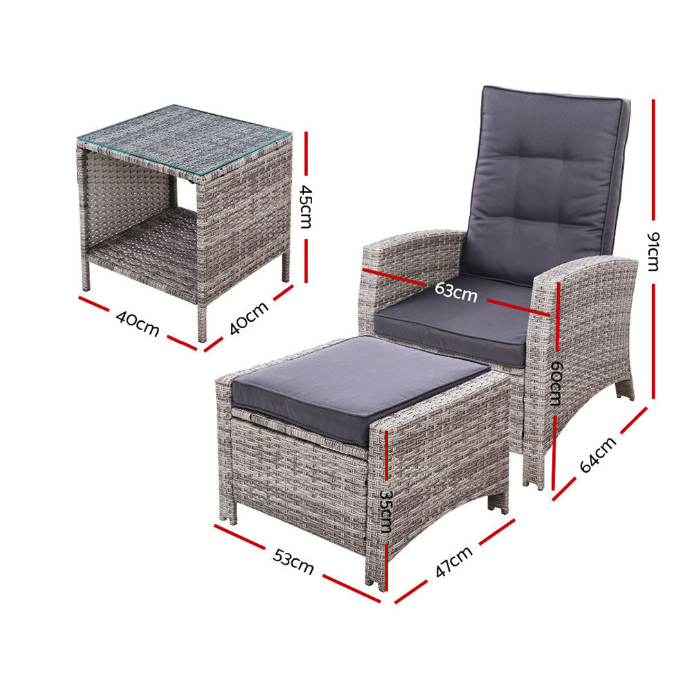 Gardeon Outdoor Setting Recliner Chair Table Set Wicker lounge Patio Furniture Grey