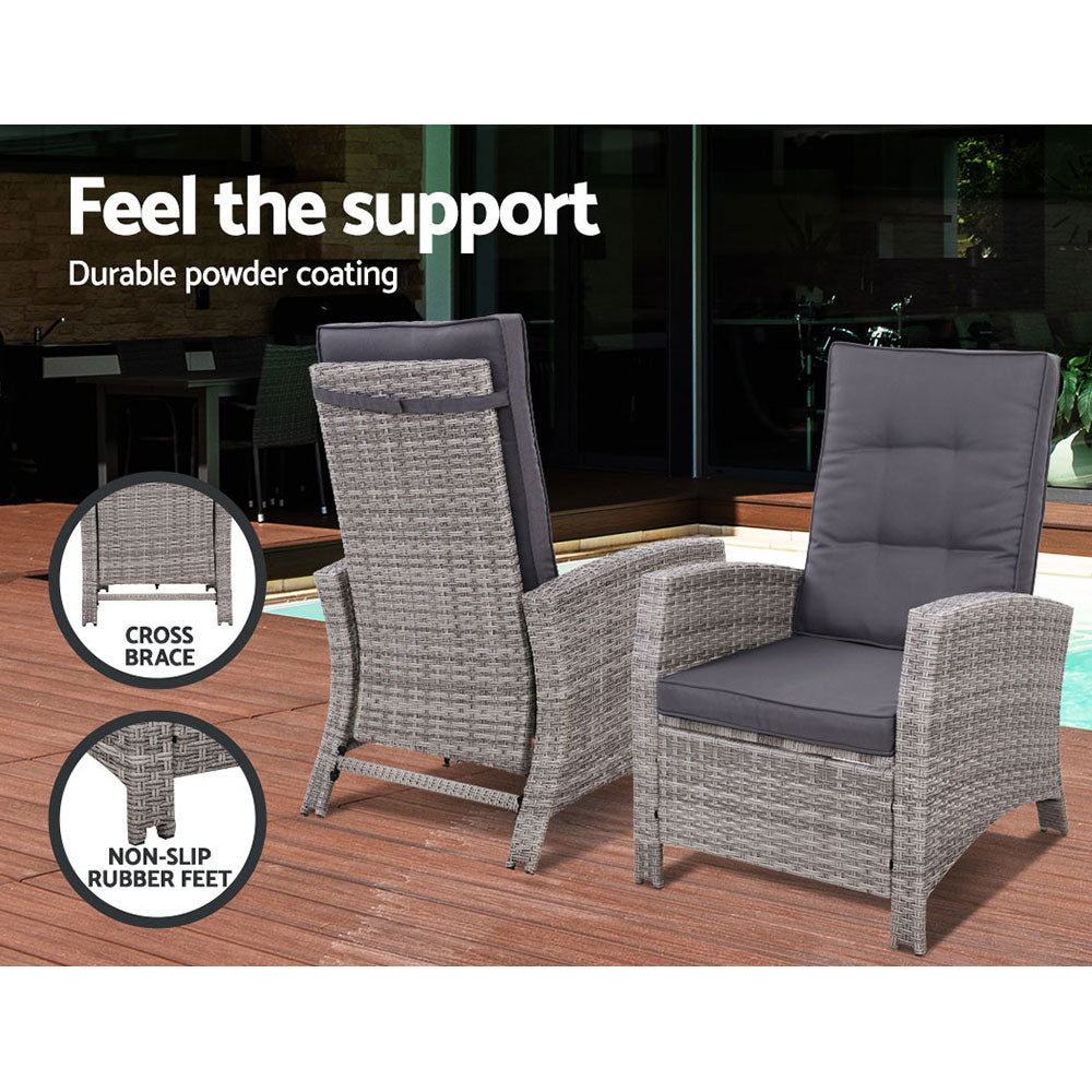 Gardeon Outdoor Setting Recliner Chair Table Set Wicker lounge Patio Furniture Grey