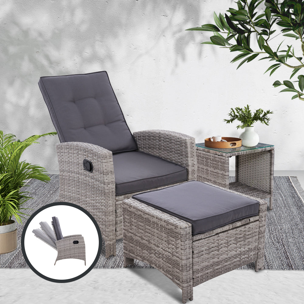 Gardeon Outdoor Setting Recliner Chair Table Set Wicker lounge Patio Furniture Grey