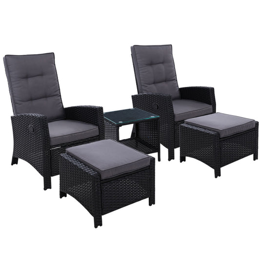 Gardeon Outdoor Patio Furniture Recliner Chairs Table Setting Wicker Lounge 5pc Black