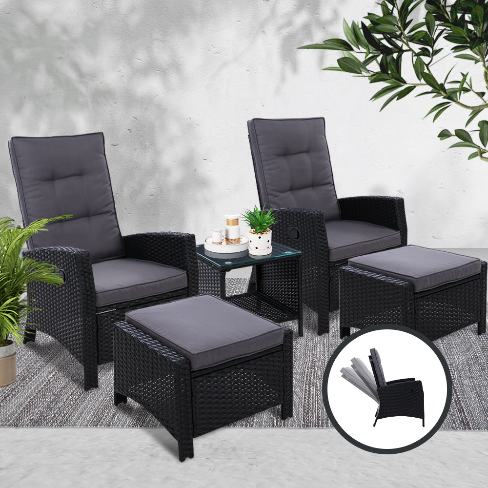 Gardeon Outdoor Patio Furniture Recliner Chairs Table Setting Wicker Lounge 5pc Black