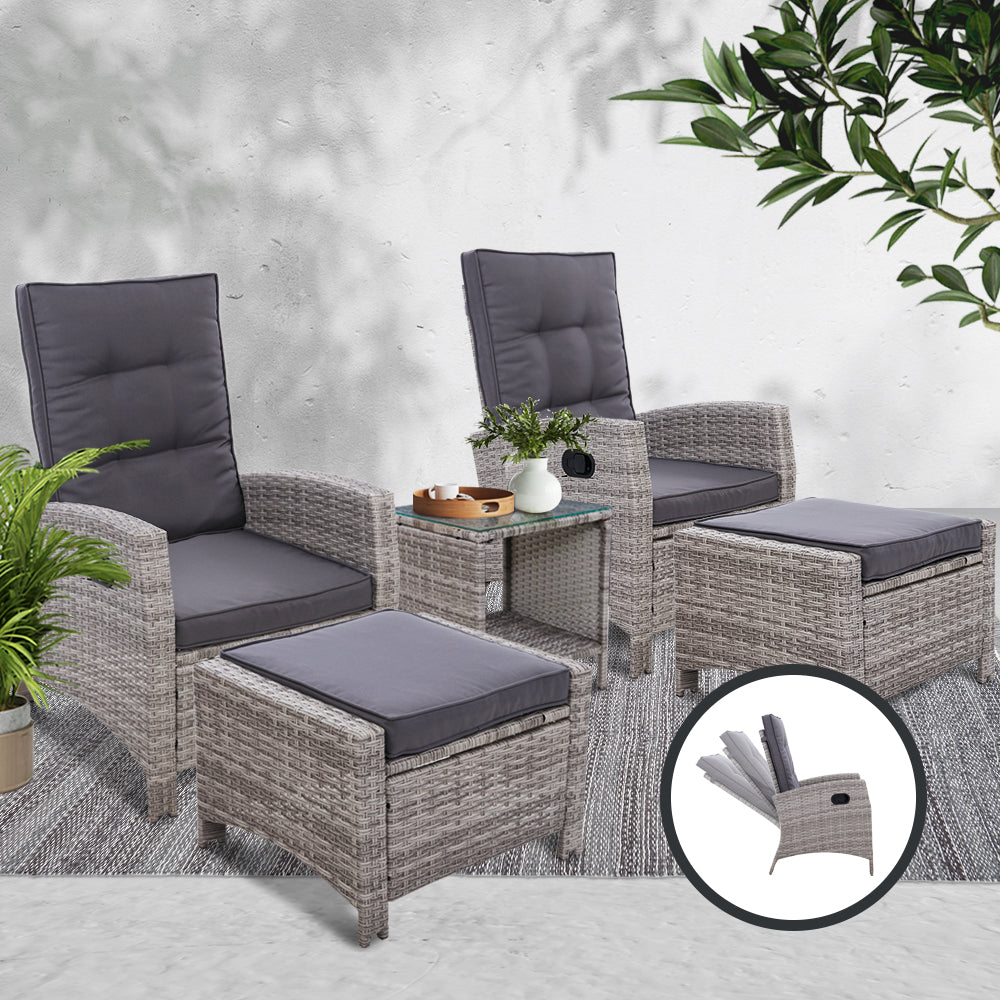 Gardeon Outdoor Patio Furniture Recliner Chairs Table Setting Wicker Lounge 5pc Grey