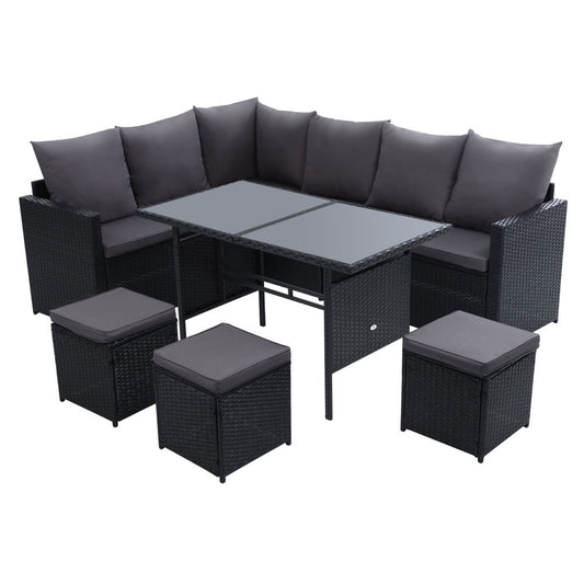 Gardeon Outdoor Furniture Dining Setting Sofa Set Lounge Wicker 9 Seater Black
