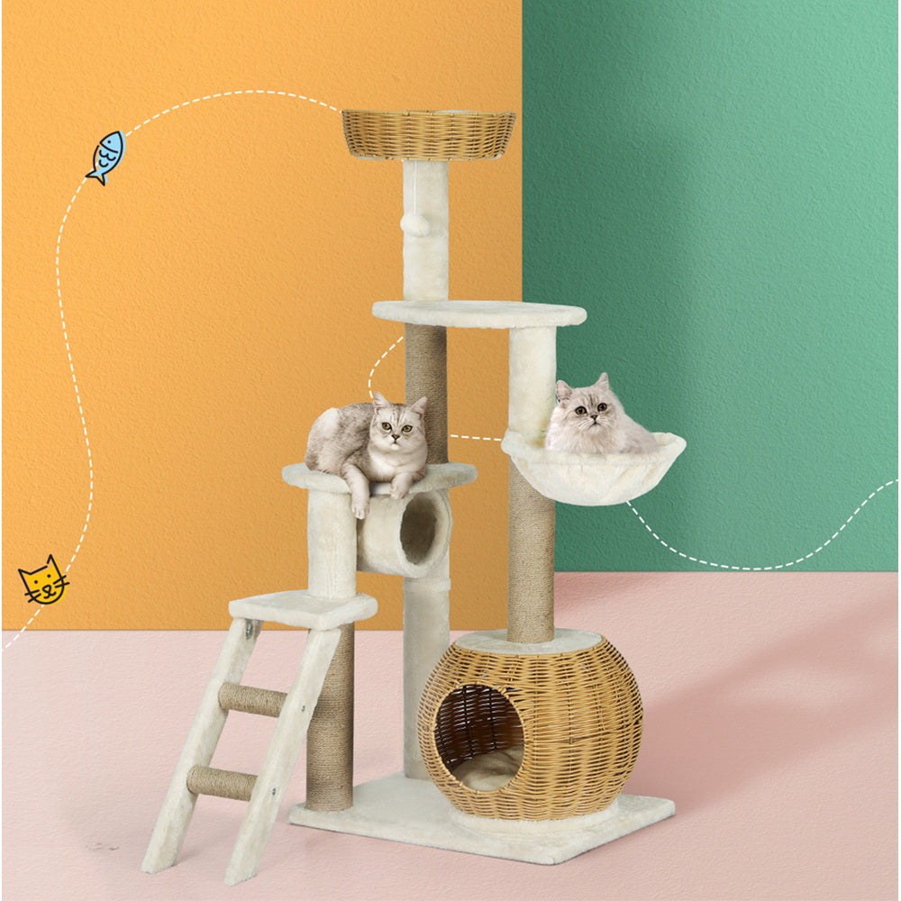 i.Pet Cat Tree Tower Scratching Post Wood Bed Condo House Rattan Ladder 138cm
