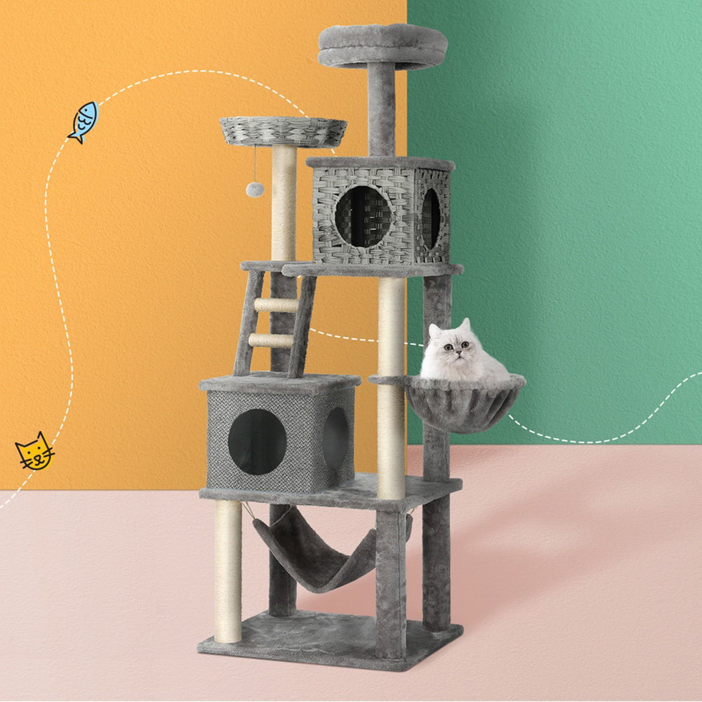 i.Pet Cat Tree Tower Scratching Post Wood Bed Condo House Rattan Ladder 169cm