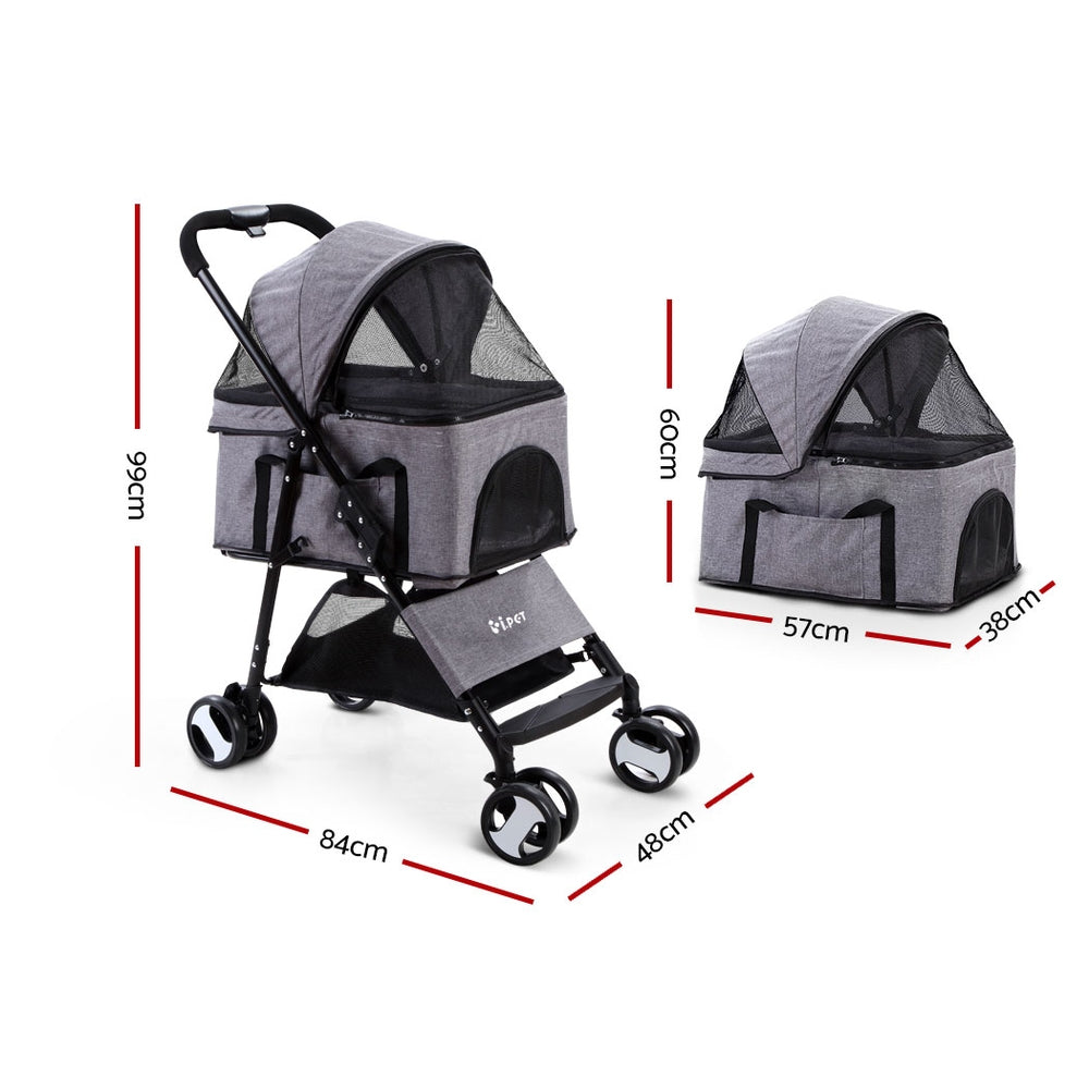 i.Pet Pet Stroller Dog Carrier Foldable Pram 3 IN 1 Middle Size Grey