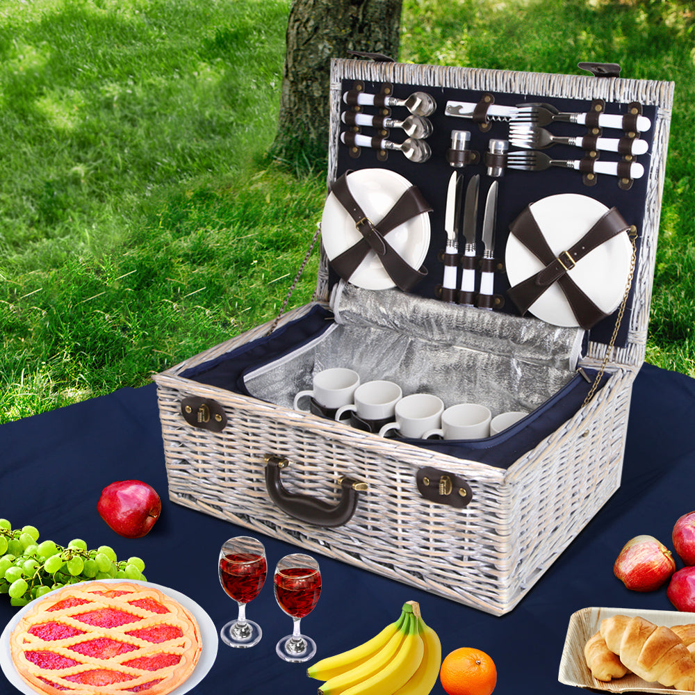 Alfresco 6-Person Picnic Basket Cooler Bag Wicker PU Fastening Straps Plates