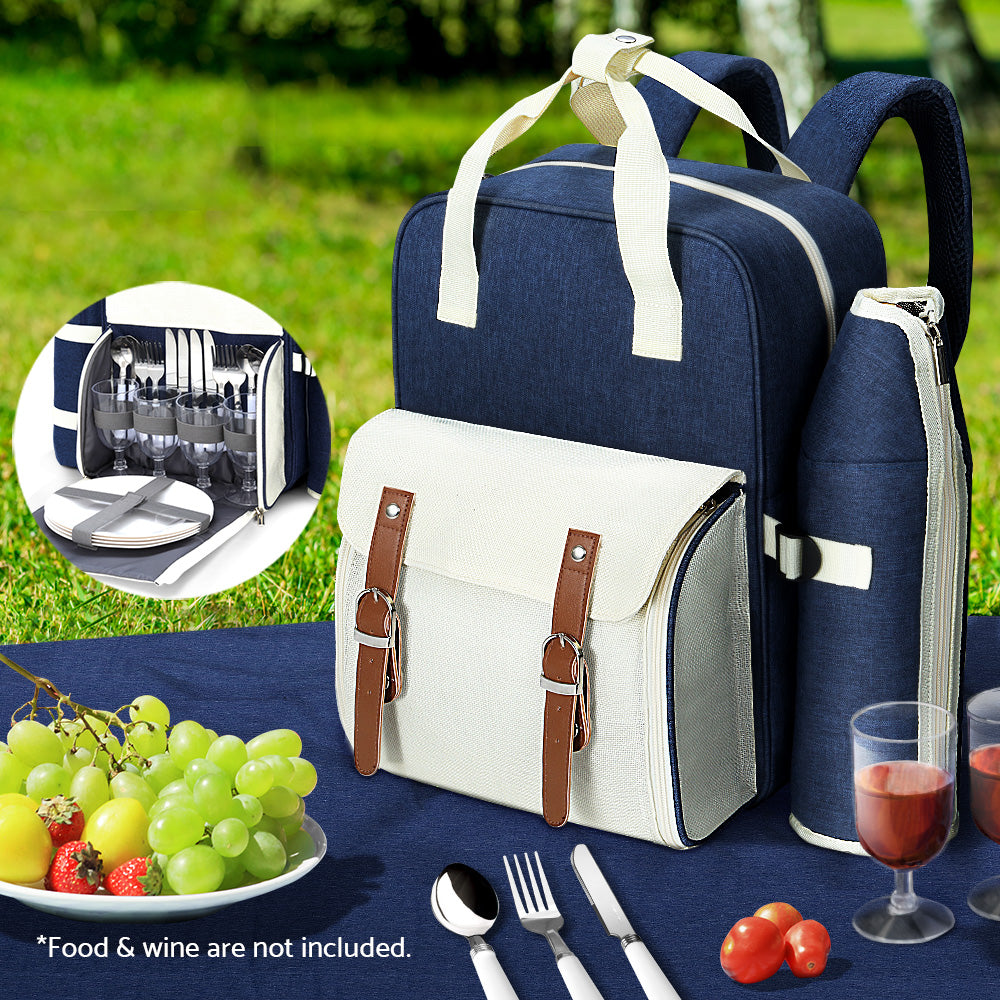 Alfresco Picnic Basket Backpack Set Cooler Bag 4 Person Outdoor Liquor Blue
