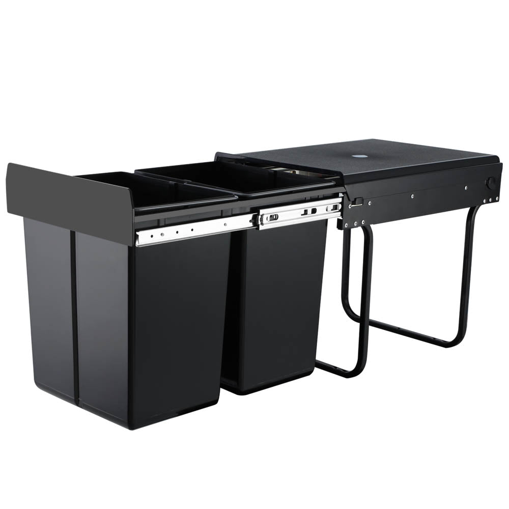 Set of 2 20L Twin Pull Out Bins Kitchen Slide Out Rubbish Waste Basket Black