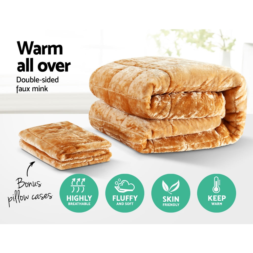 Giselle Bedding Faux Mink Quilt Comforter Winter Weight Blanket Latte Queen