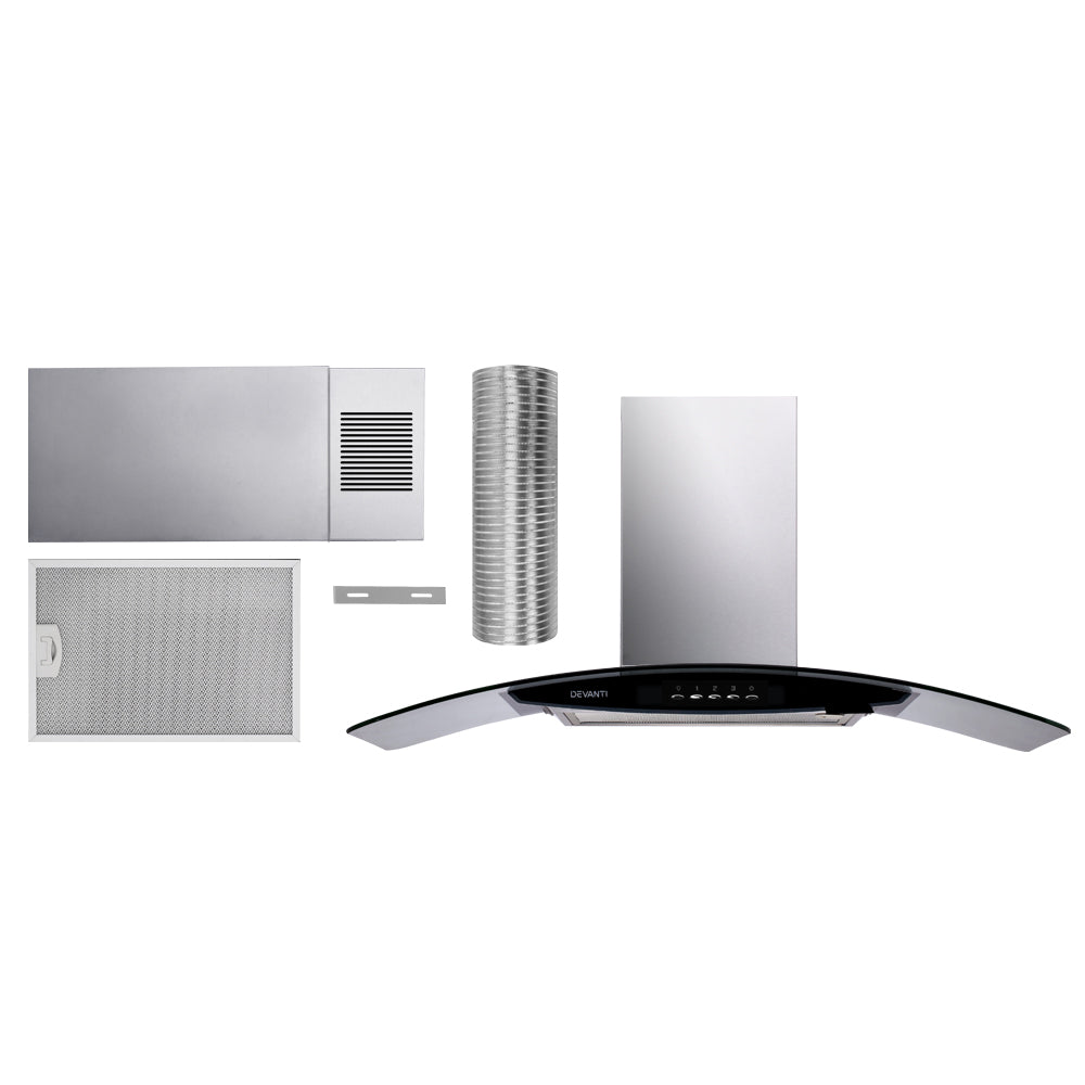 DEVANTi Rangehood 900mm Stainless Steel Curved Glass Wall Mount Range Hood