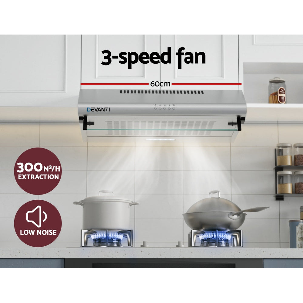 Devanti 600mm Range Hood 60cm Rangehood Kitchen Canopy LED Light Stainless Steel