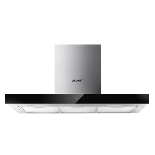 Devanti Range Hood 900mm Rangehood 90cm Stainless Steel Glass Kitchen Canopy Black