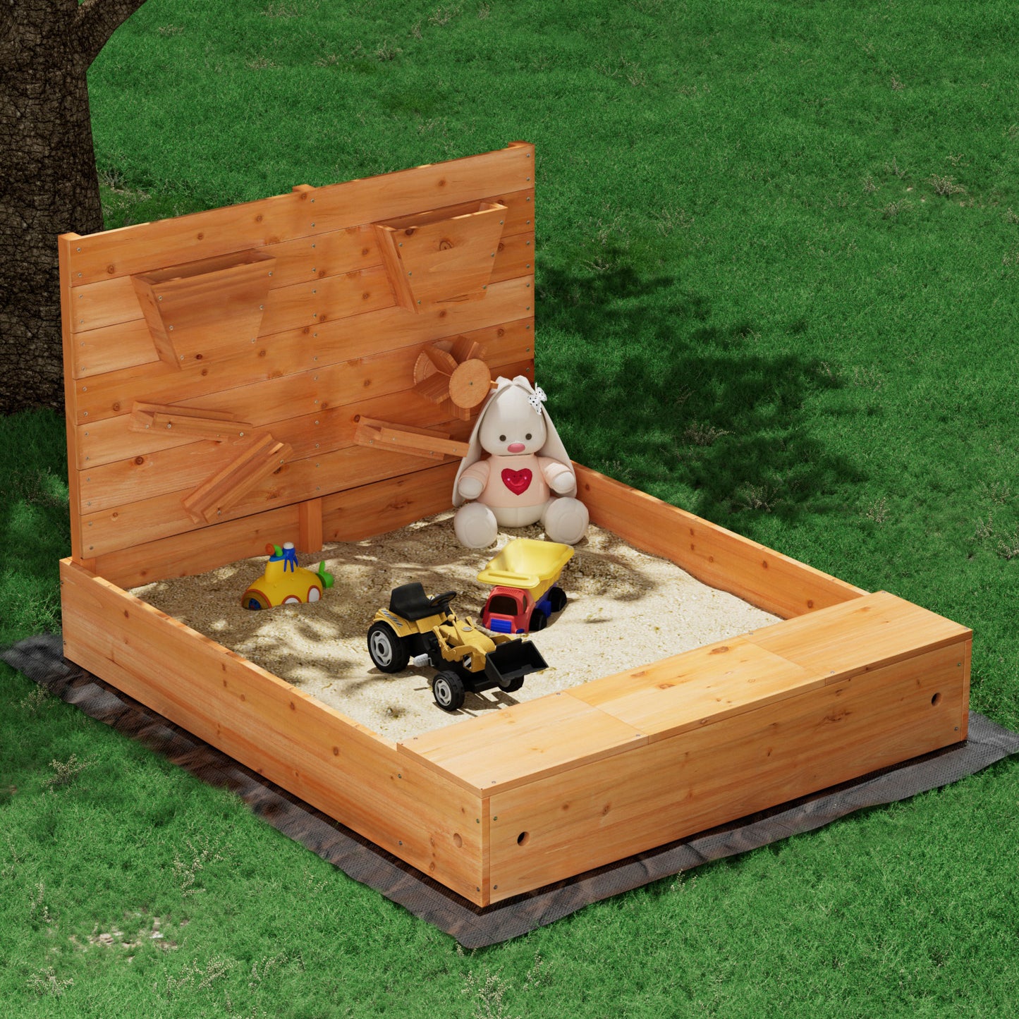 Keezi Kids Sandpit Wooden Sandbox Sand Pit with Cover Funnel Outdoor Toys 120cm