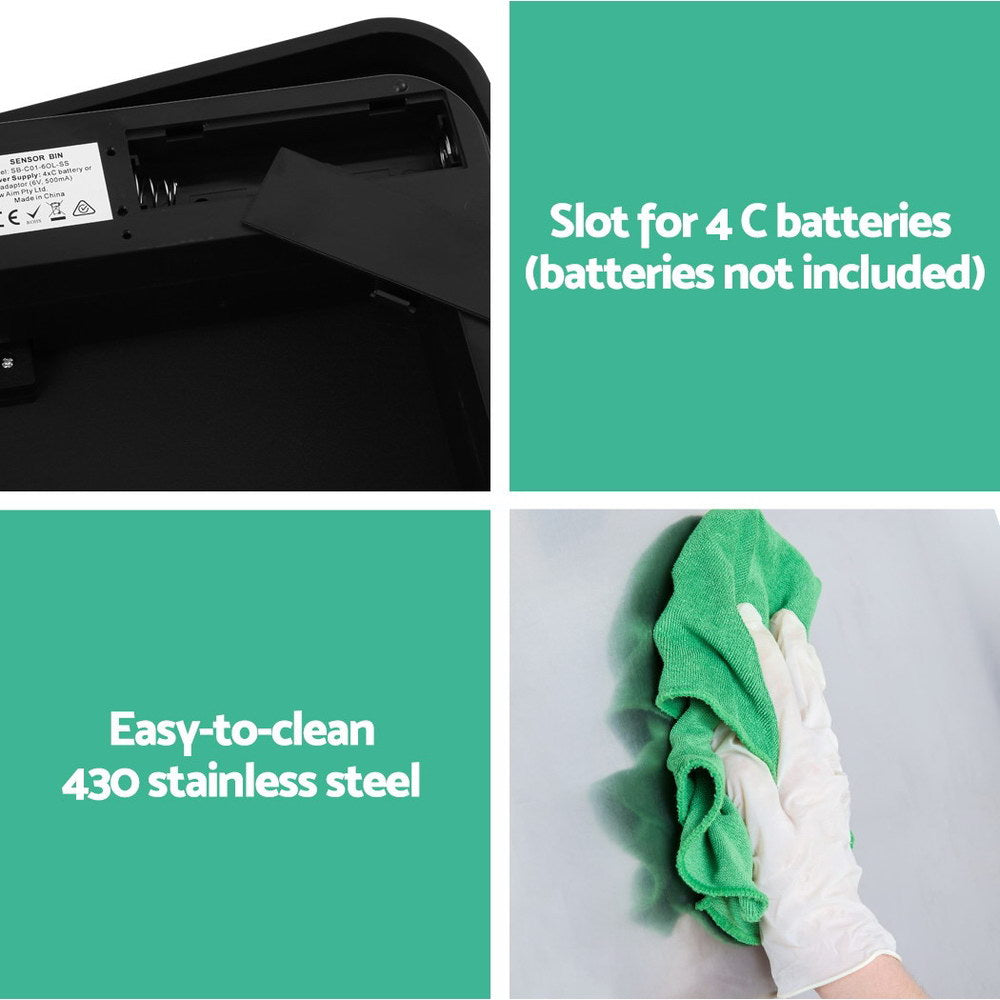 Stainless Steel Sensor Bin Rubbish Trash Bins Motion Automatic Touch Free 50L