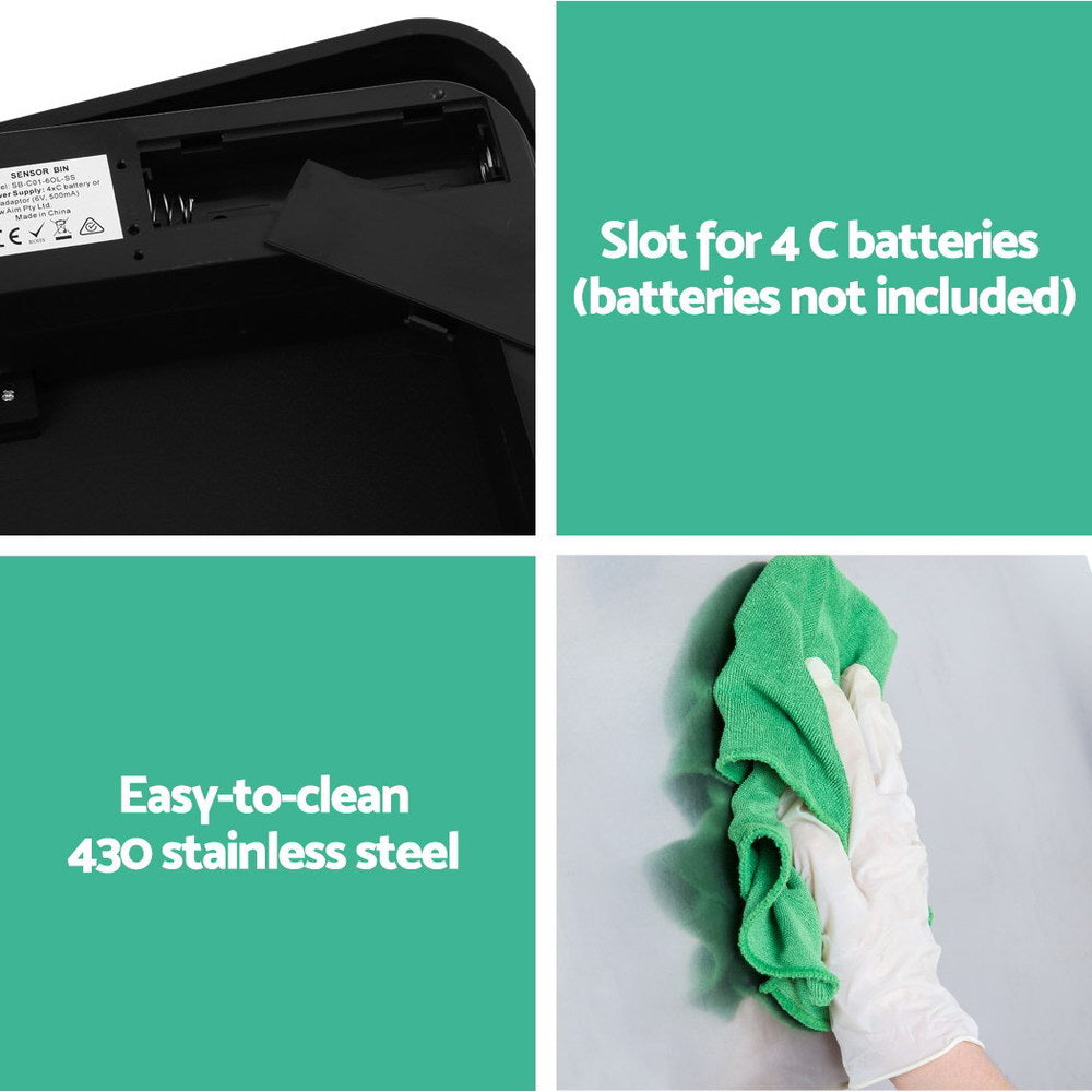 Stainless Steel Sensor Bin Rubbish Trash Bins Motion Automatic Touch Free 70L