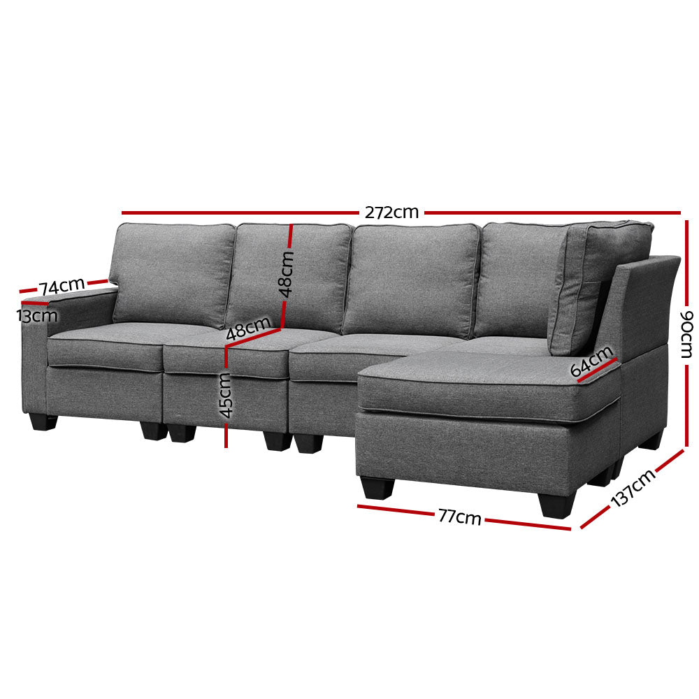 Artiss 5 Seater Sofa Chair Set Corner Couch Ottoman Fabric Dark Grey