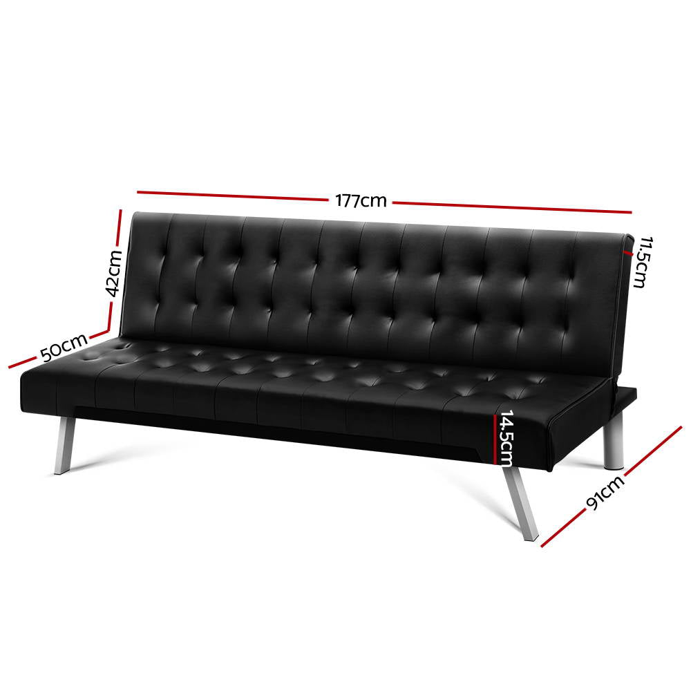 3-Seater Leather Sofa Bed - Black