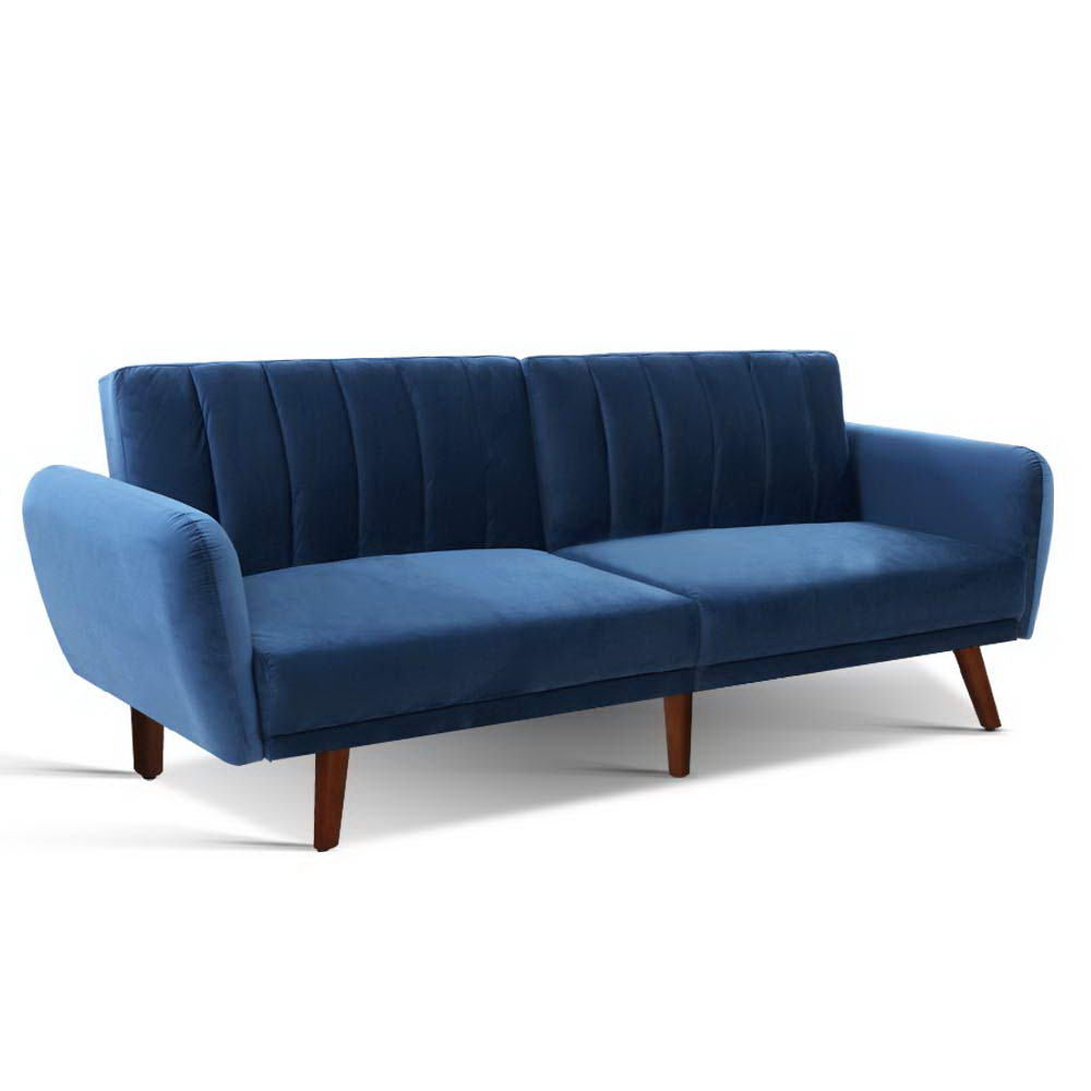 Artiss Sofa Bed Lounge 3 Seater Futon Couch Recline Chair Wooden 207cm Velvet Blue
