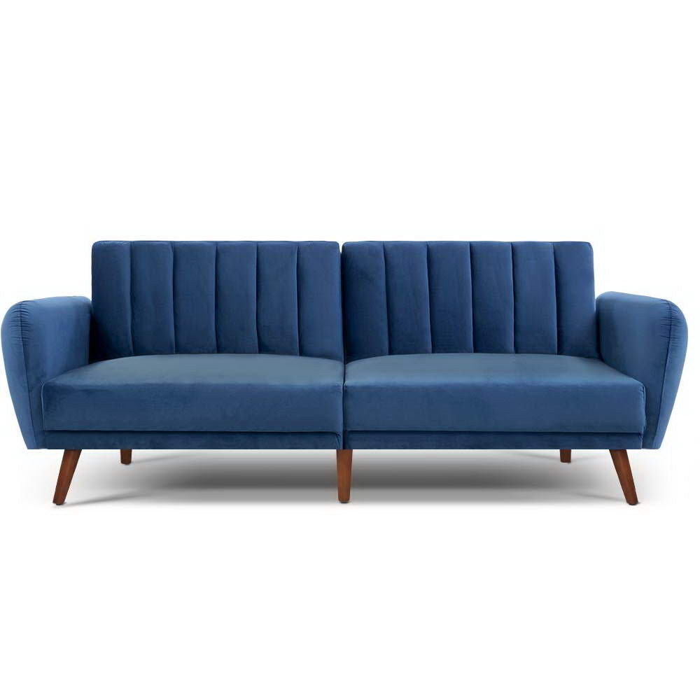 Artiss Sofa Bed Lounge 3 Seater Futon Couch Recline Chair Wooden 207cm Velvet Blue