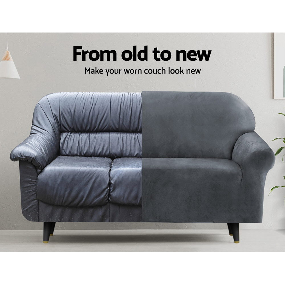 Artiss Velvet Sofa Cover Plush Couch Cover Lounge Slipcover 3 Seater Grey