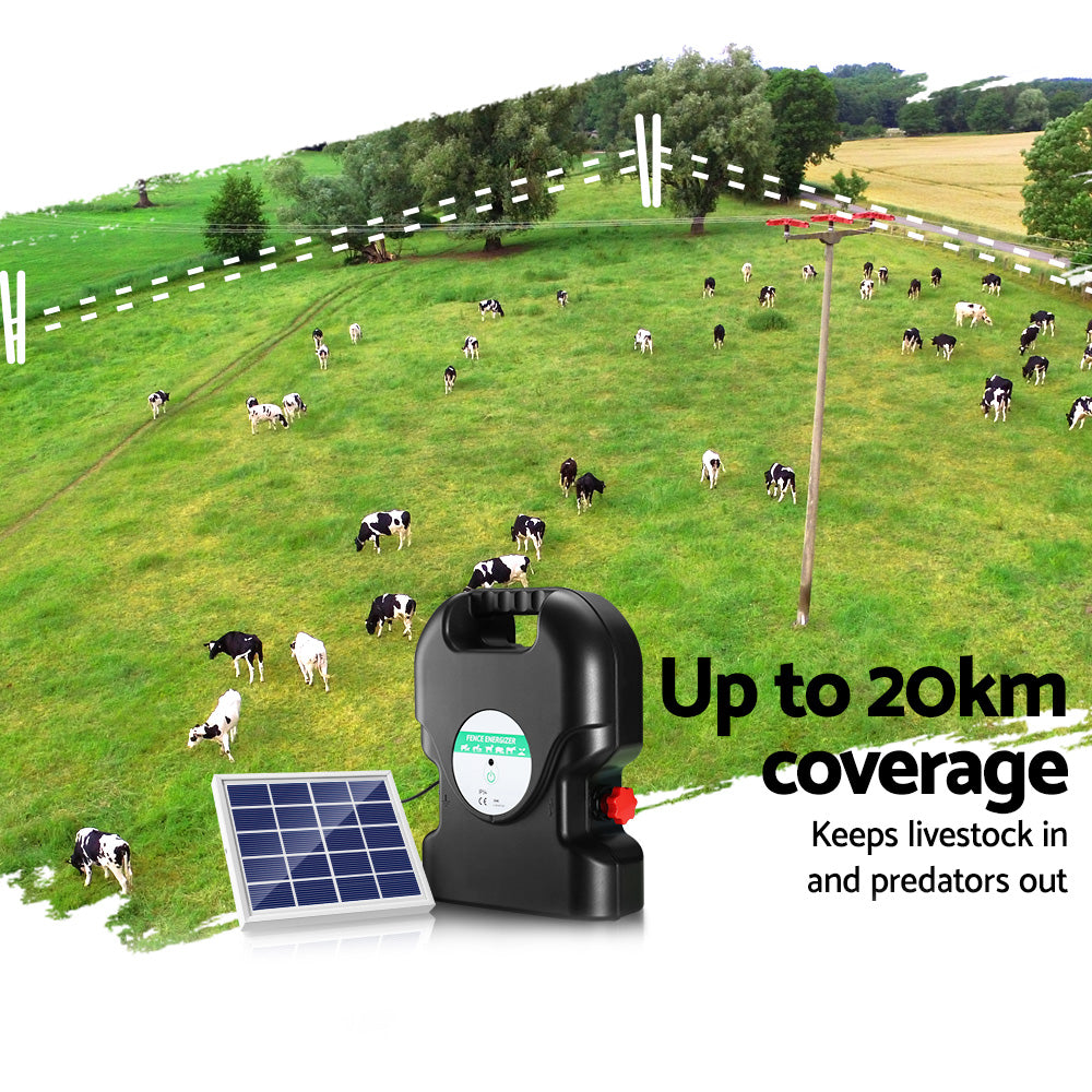 Giantz 20km Electric Fence Energiser Solar Energizer Charger Farm Animal 1.2J