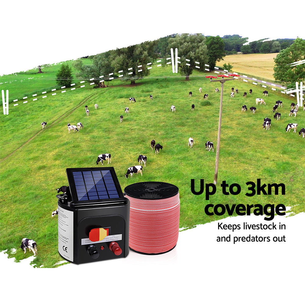 Giantz Electric Fence Energiser 3km Solar Powered Charger Set + 2000m Tape