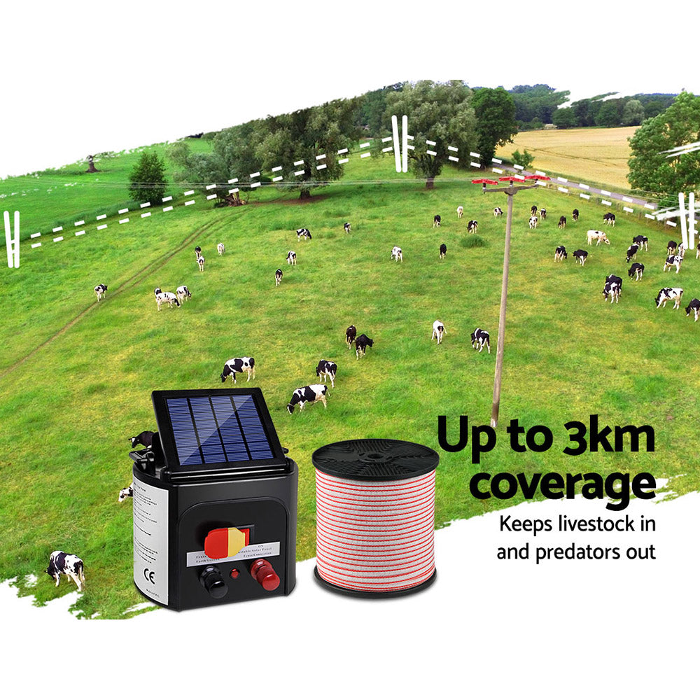 Giantz 3km Solar Electric Fence Energiser Charger with 400M Tape and 25pcs Insulators