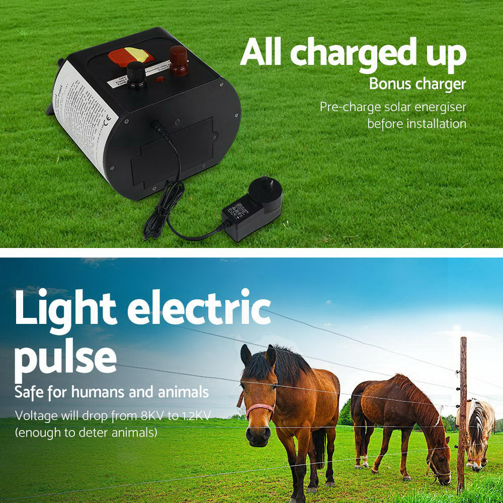 Giantz 8km Solar Electric Fence Energiser with Bonus Charger 400M Tape and Pinlocks