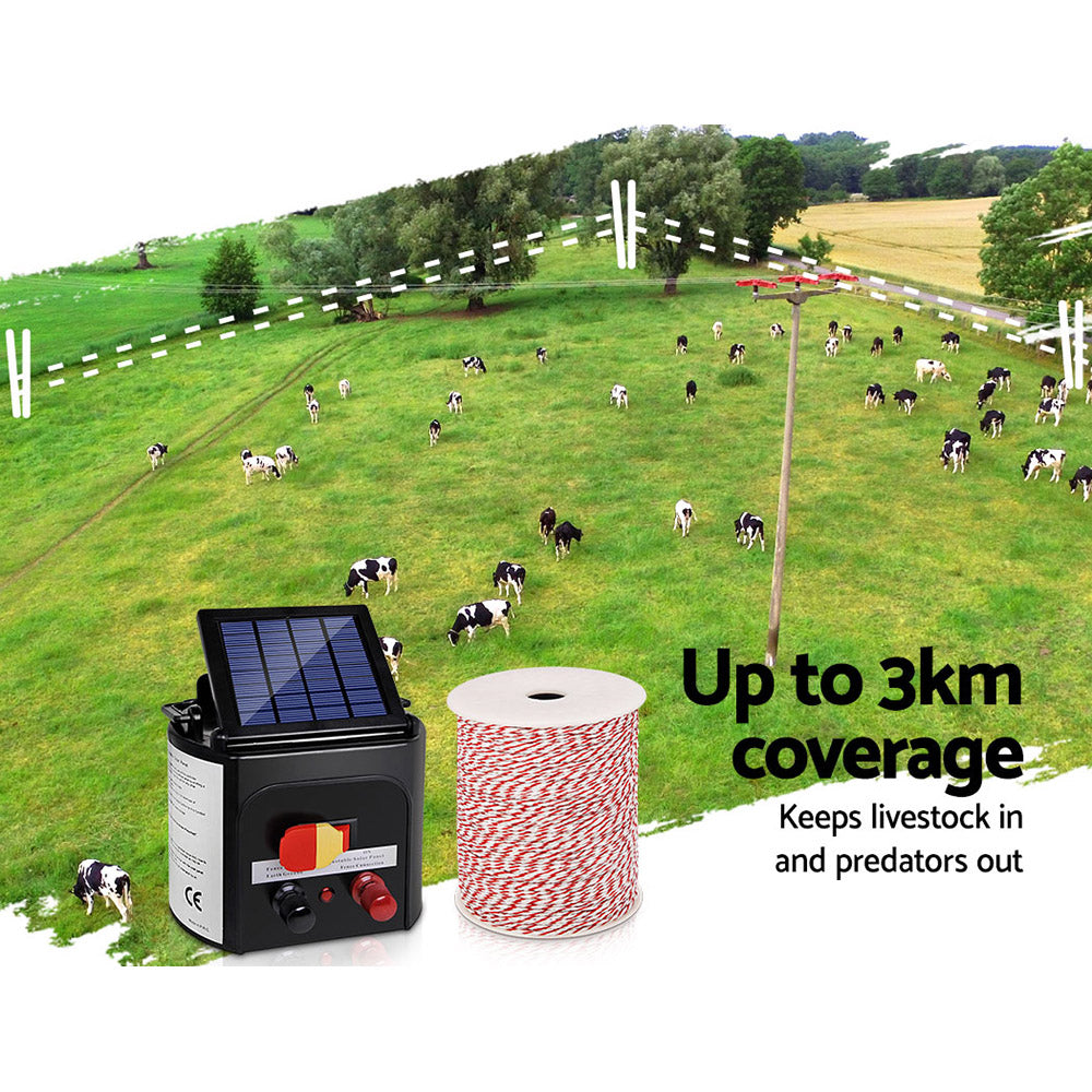 Giantz 3km Solar Electric Fence Energiser Charger with 500M Tape and 25pcs Insulators