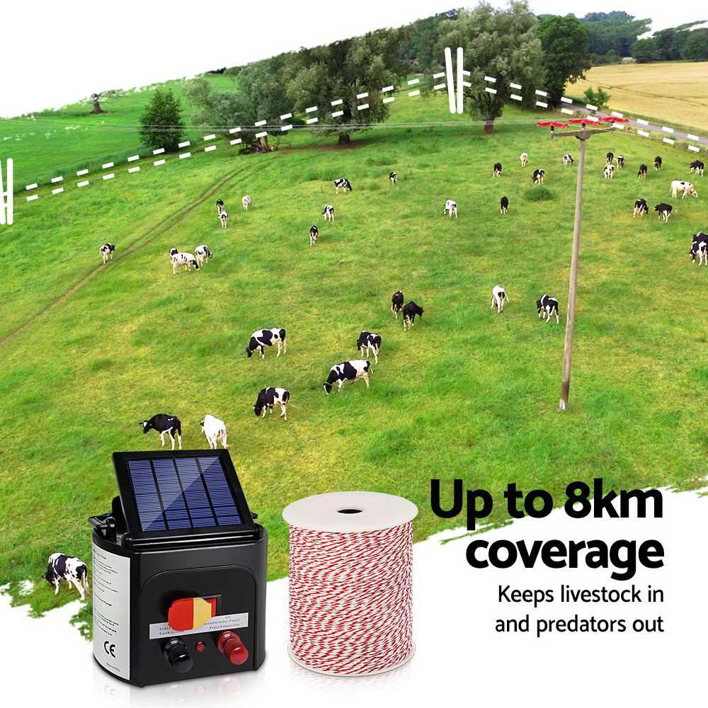 Giantz 8km Solar Electric Fence Energiser with Bonus Charger 500M Tape and Pinlocks