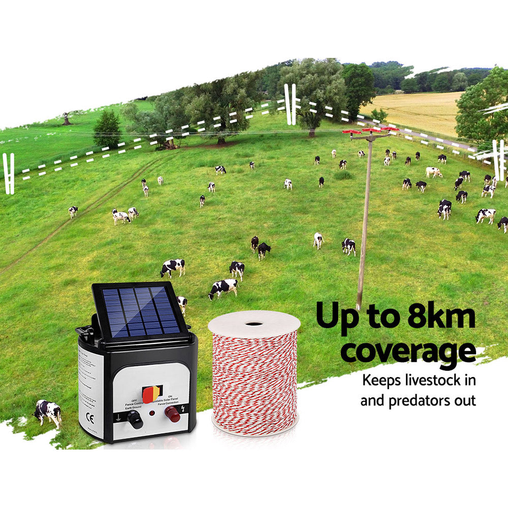 Giantz 8km Solar Electric Fence Energiser Charger with 500M Tape and 25pcs Insulators