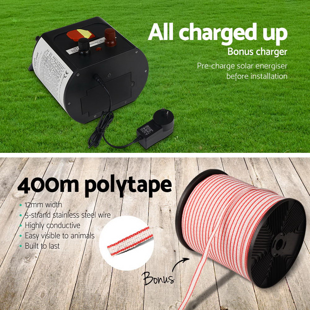 Giantz 8km 0.3J Solar Electric Fence Energiser with Bonus Charger 400M Poly Tape