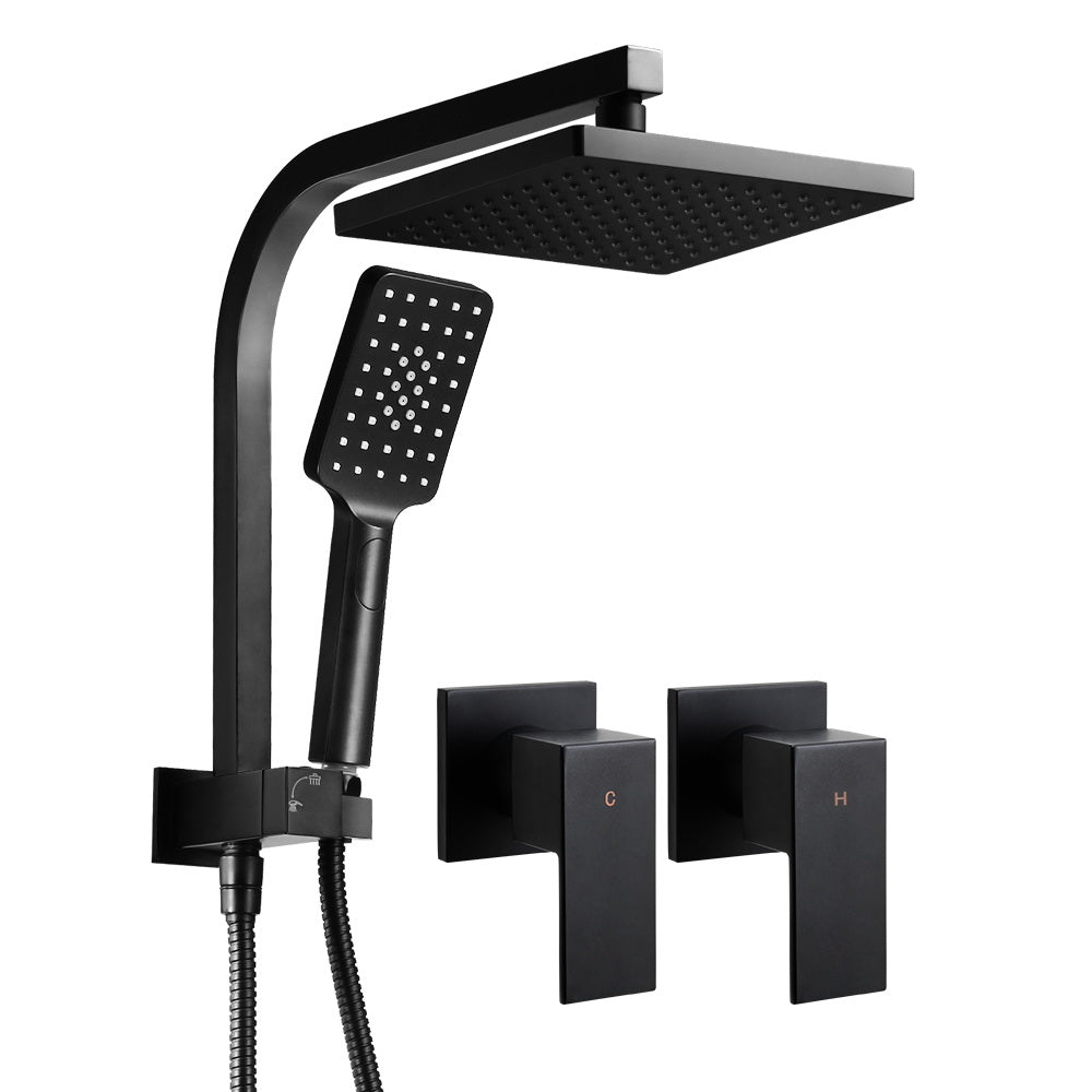 WELS Square 8 inch Rain Shower Head & Taps Set Handheld Spray Bracket Rail Mat Black