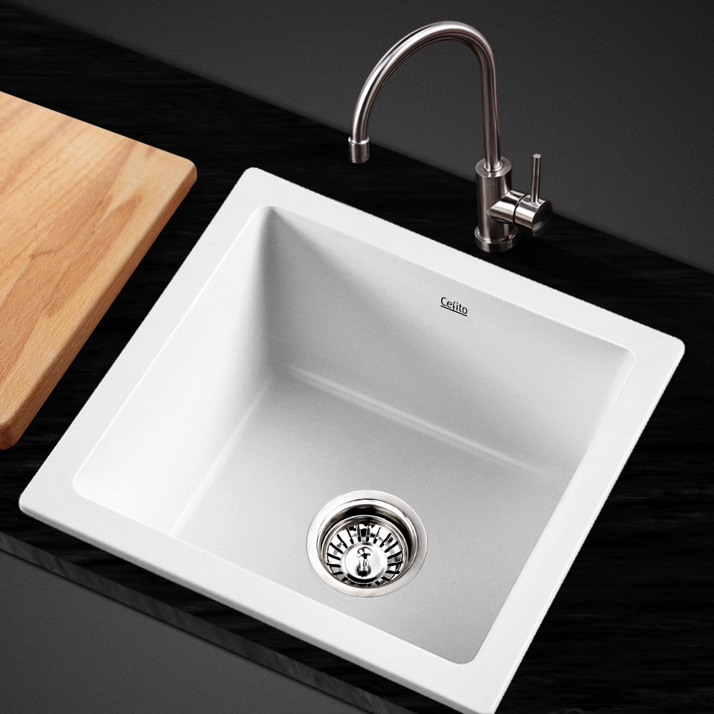 Cefito Stone Kitchen Sink 450X450MM Granite Under/Topmount Basin Bowl Laundry White