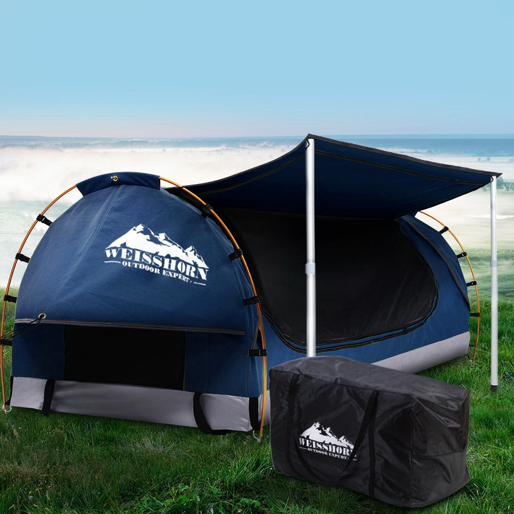 Weisshorn Double Swag Camping Swags Canvas Free Standing Dome Tent Dark Blue with 7CM Mattress