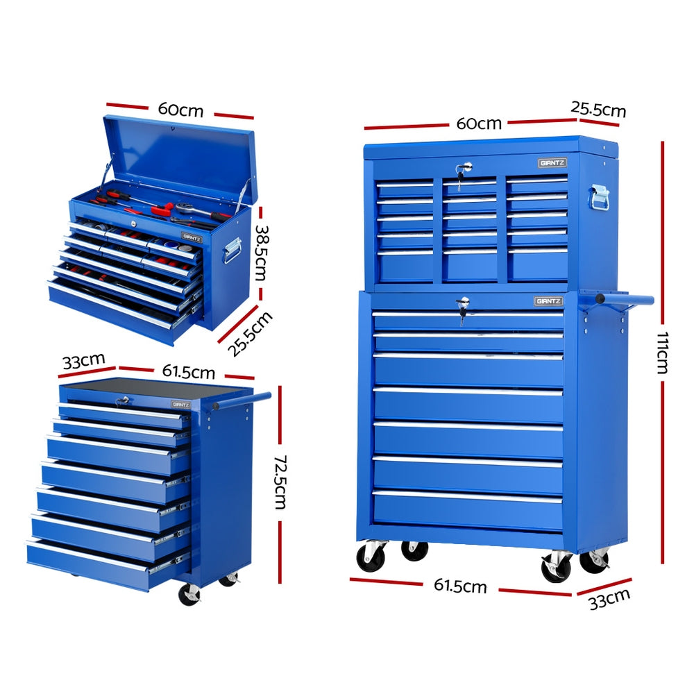 Giantz Tool Chest and Trolley Box Cabinet 16 Drawers Cart Garage Storage Blue