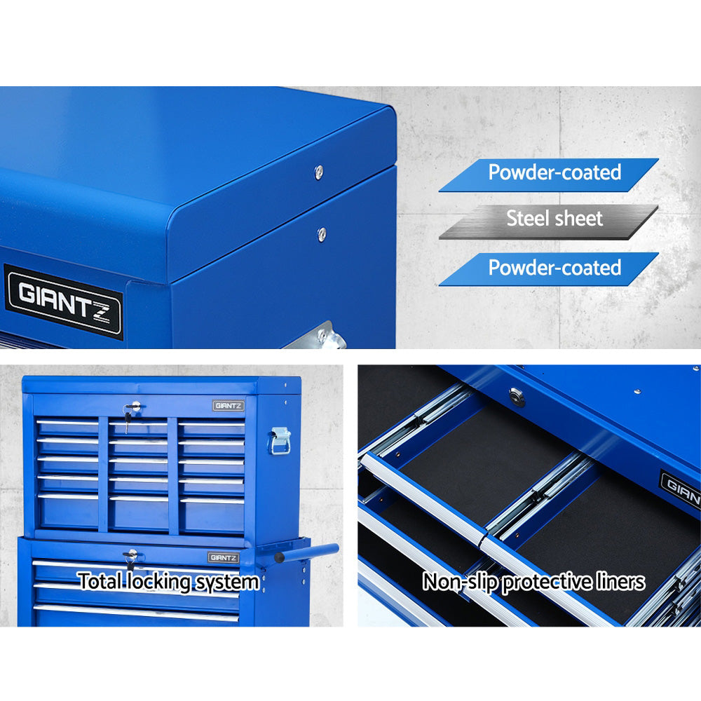 Giantz Tool Chest and Trolley Box Cabinet 16 Drawers Cart Garage Storage Blue