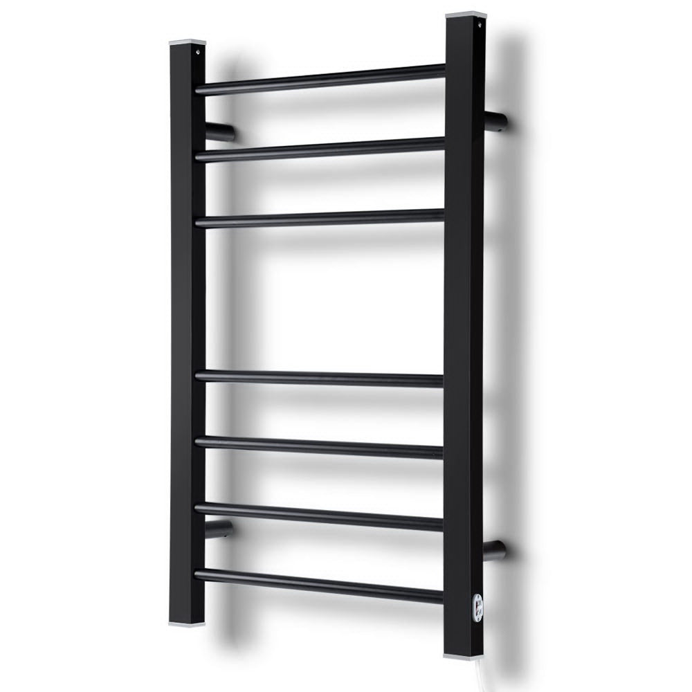 DEVANTI Electric Heated Ladder Towel Rails Bathroom Dryer Clothes Warmer 7 Racks Round Bars Black Rungs