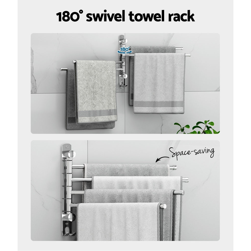 Towel Rail Rack Holder 4 Bars Wall Mounted Stainless Steel Swivel Hook