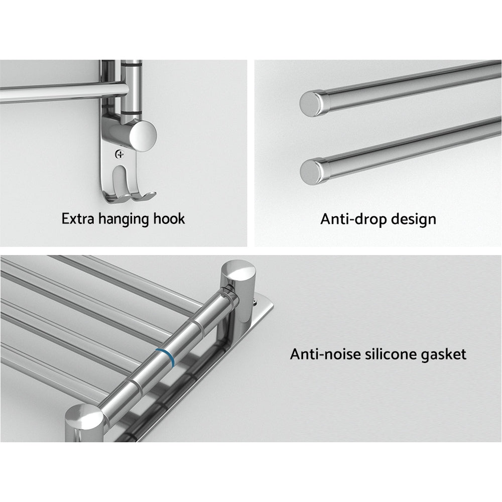 Towel Rail Rack Holder 4 Bars Wall Mounted Stainless Steel Swivel Hook