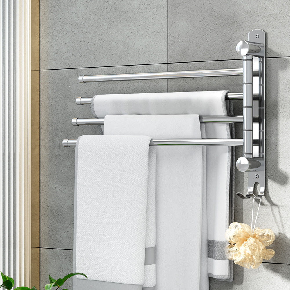 Towel Rail Rack Holder 4 Bars Wall Mounted Stainless Steel Swivel Hook