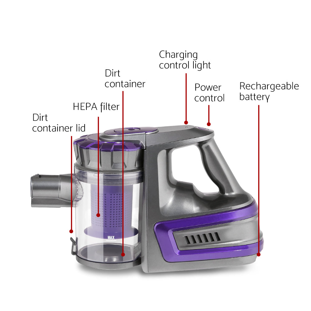 Devanti 150 Cordless Handheld Stick Vacuum Cleaner 2 Speed   Purple And Grey