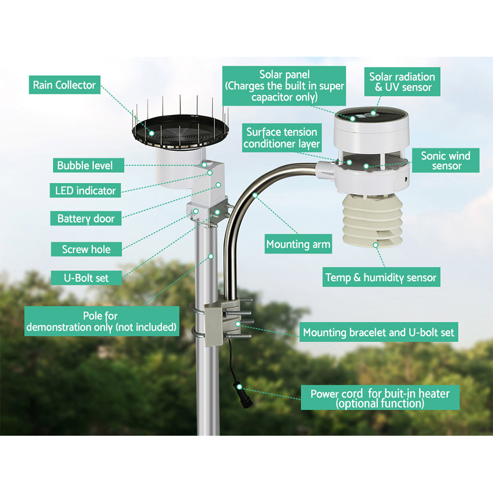 Devanti Weather Station Ultrasonic Anemometer Outdoor WiFi Rain Gauge Solar