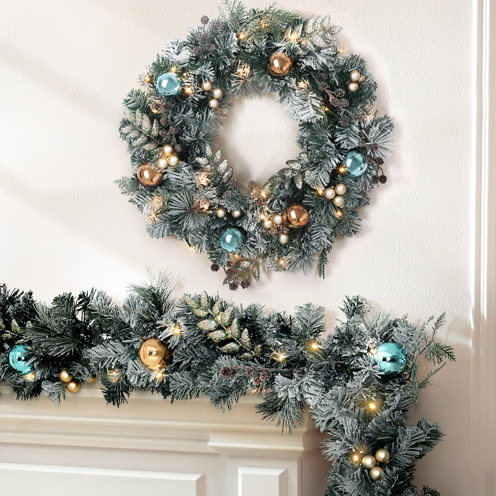 Jingle Jollys Christmas Garland with Wreath Set Snow Frosted Xmas Tree Decor
