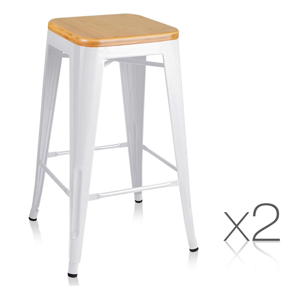 Artiss Set of 2 Metal and Bamboo Bar Stools - White